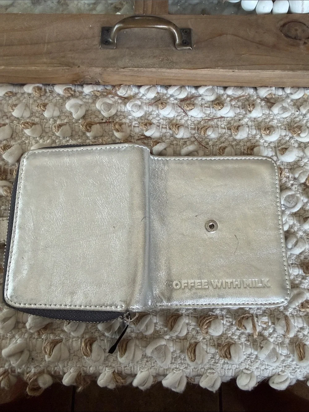 Coffee with milk  Metallic Silver Leather Zip Wallet with Buckle